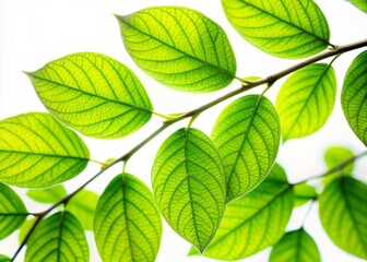 Fototapeta premium Closeup of Lush Green Leaves on a Branch Isolated on White Background, Highlighting Textures and Details in Low Light Photography for Nature and Botanical Themes