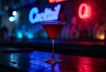 Moody Bar Interior with Shallow Depth of Field: Blue Neon Cocktail Glass and Red Drink Captured in Cinematic Lighting