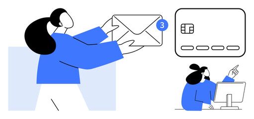 Person holding envelope with notification, credit card, person pointing at computer screen. Ideal for online banking, digital notifications, email services, financial management, customer service
