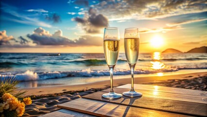 Close-Up of Two Champagne Glasses on a Beach Table Overlooking the Sea for a Celebration of Summer Vacations and Festive Moments by the Ocean