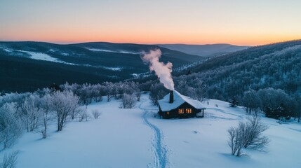 Snow-covered cabin in winter landscape with smoke from chimney at sunset