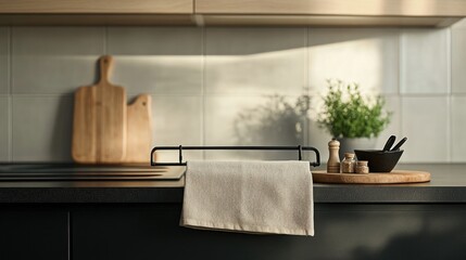Modern kitchen countertop with linen towel, spices, and cutting boards.