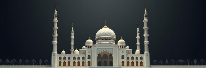 Obraz premium grand mosque with intricate details and arches, illuminated beautifully against dark background, showcasing its majestic architecture and peaceful ambiance