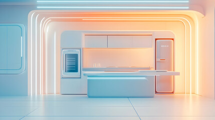 Obraz premium Futuristic minimalist kitchen interior with neon lighting, sleek white appliances and curved walls.