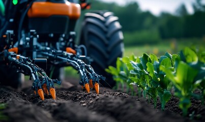 Tractor cultivating young plants in a field.