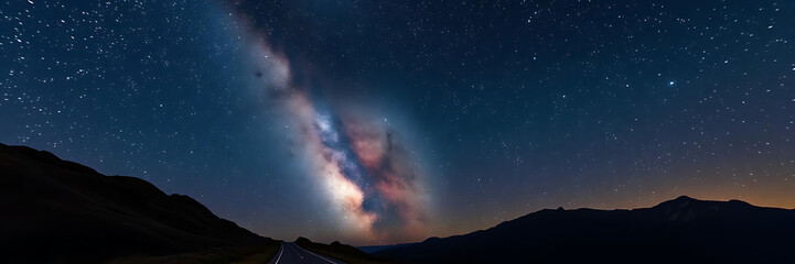 Fototapeta premium mesmerizing view of mountain road under Milky Way galaxy, sparkling in night sky, inviting travelers to explore beauty of universe