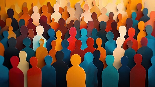 A Colorful Paper Cut-Out Crowd of Diverse Abstract Silhouettes in a Cubist Style