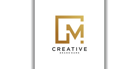Letter initial M logo design with golden square concept. Premium Vector