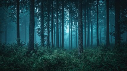 Fototapeta premium Mystical dark forest scene with fog and tall trees.