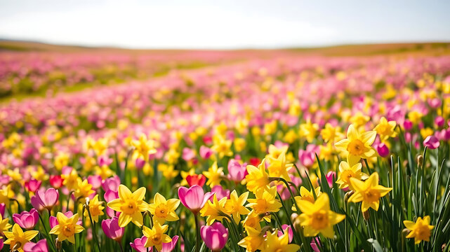 vast field filled with vibrant yellow daffodil and pink tulip flowers under clear blue sky, creating cheerful spring atmosphere with ample copy space - Powered by Adobe