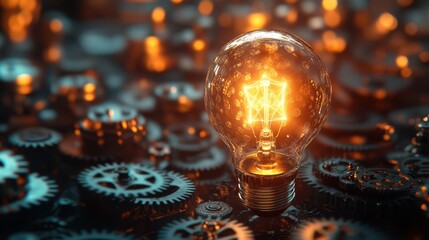 A glowing light bulb surrounded by floating gears symbolizes innovation and creativity. The detailed mechanics paired with the warm light evoke a sense of progress and new ideas 