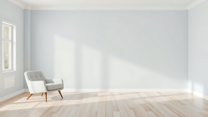 bright interior room featuring light blue wall and stylish armchair, perfect for customizable text or graphics. ample space invites creativity and comfort