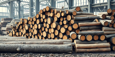 Neatly stacked logs and wood piles in industrial timber factory create spacious area, ideal for adding text or graphics. organized layout enhances factory functionality