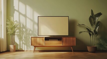 Mid-Century Modern Living Room Interior Design with Television and Plants