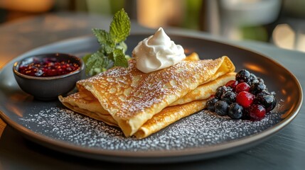 A delectable plate of French crepes topped with sour cream and accompanied by a side of berry jam. Served on a grey plate, perfect for a delicious breakfast or brunch