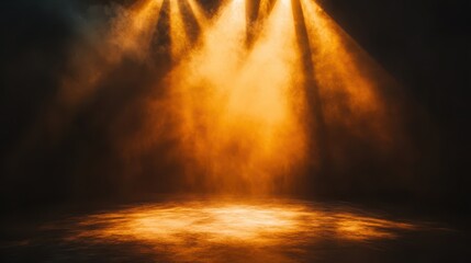 A rich golden spotlight beams down onto a dark stage, casting a dramatic and moody atmosphere, perfect for theater, performance, or cinematic concepts 