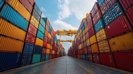 Fototapeta premium Vibrant stacked shipping containers under clear sky