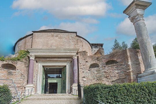 Temple of Romolus in the Roman Forum. The bronze door is original. In the 6th century pope Felix IV adapted it for the vestibule of the back Church of Santi Cosma e Damiano. Rome, 2017