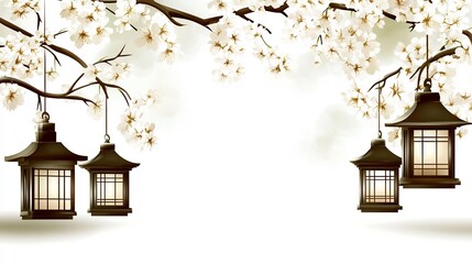 Hanging lanterns and cherry blossoms.