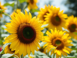 Obraz premium Vibrant yellow sunflowers basking in sun, showcasing seasonal freshness and beauty in garden setting. Perfect for nature lovers and floral enthusiasts