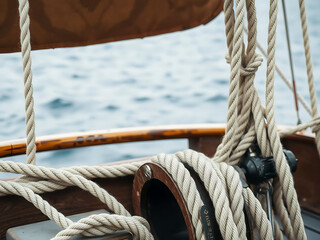 Obraz premium Close up view of wooden pulley and ropes on old yacht, showcasing marine texture and providing ample copy space. intricate details evoke sense of adventure