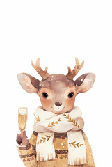 Fototapeta premium Deer wearing red scarf holding glass with champagne isolated on white background. Merry Christmas and Happy New Year. Watercolor animal illustration for greeting card, poster, banner with copy space