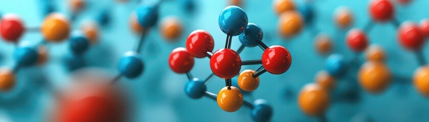 A colorful molecular structure illustration showcasing atoms in various colors against a blue background, highlighting scientific themes in chemistry.