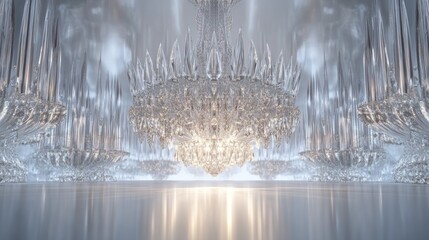 Crystal Chandelier in a Reflective Palace Hall