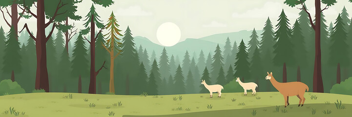 Fototapeta premium Llamas grazing peacefully in lush forest setting, surrounded by tall trees and mountains, creating serene atmosphere. Ideal for adding text or graphics