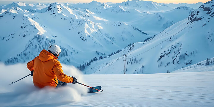 skier in bright orange jacket speeds downhill on snowy mountain slope, creating thrilling atmosphere with snow spray. stunning backdrop features majestic peaks and clear sky
