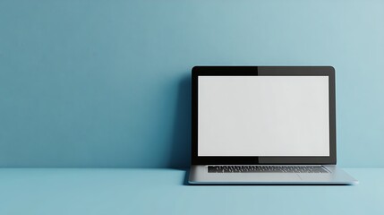 Fototapeta premium A sleek laptop on a minimalistic blue background, showcasing a blank screen.