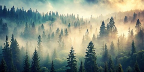 Curtains Misty landscape featuring a fir forest in hipster vintage retro style, misty, landscape, fir forest, hipster, vintage, retro