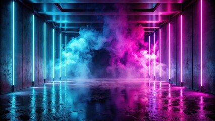 Obraz premium Neon abstract scene background with smoke, concrete, reflection, neon, abstract, scene, background, smoke, concrete