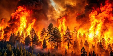 Abstract image of a raging wildfire spreading through a forest, disaster, flames, burning, danger, destruction, heat, smoke