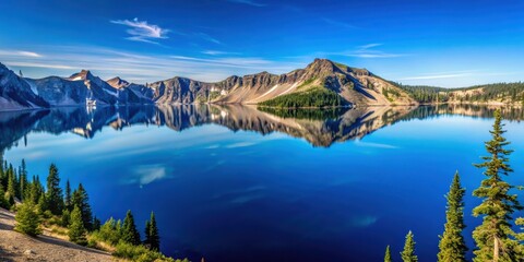 Fototapeta premium Tranquil scene of Crater Lake with mirror-like reflections on a summer morning, crater lake, reflections, calm, peaceful, blue