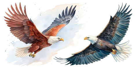 Fototapeta premium flying american eagle watercolor set illustration cut out isolated on white background