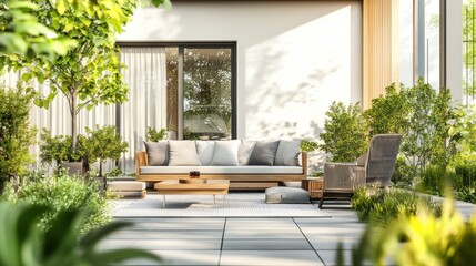 Modern Patio Design with Greenery and Comfortable Seating