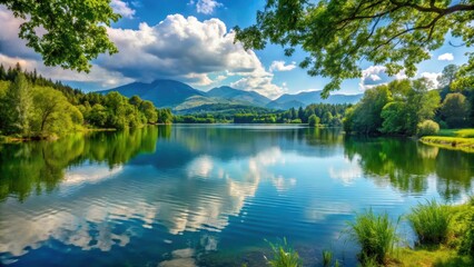 Peaceful landscape with a calm lake surrounded by lush greenery and distant mountains , nature, scenic, serene