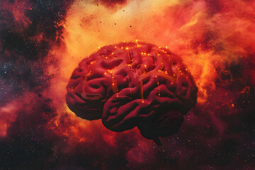 Obraz premium Glowing brain in fiery cosmic background.