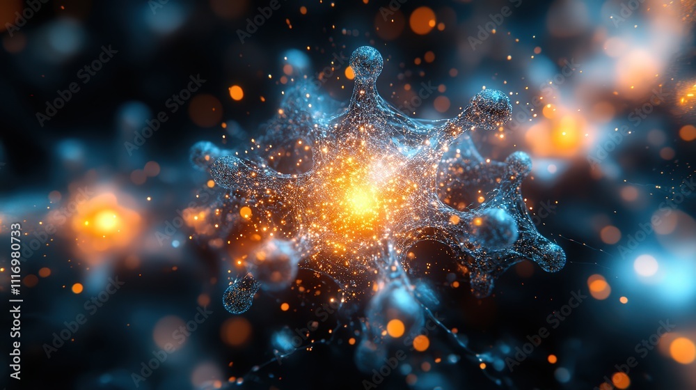 Poster abstract representation of molecular structure with vibrant colors and shimmering particles creating