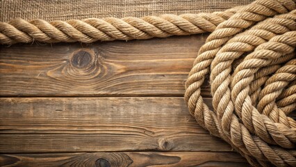 Obraz premium Natural rope laying on a wooden table with a rustic sackcloth background, rustic, rope, wooden, table, sackcloth