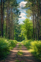 Fototapeta premium Green Wilderness Nature Depicting a Lush Forest Scene With sunshine and river ai generated