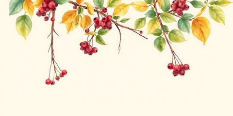 Watercolor painting of autumn maple leaves and hawthorn berries, beautifully arranged for marketing content, evoking spacious autumn feel