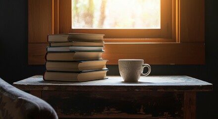 A cozy reading nook with a stack of books and a cup of tea by the window