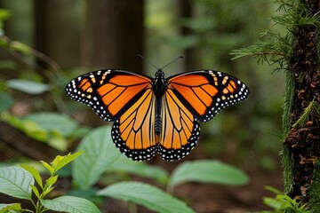 Naklejka premium Majestic Monarch Butterflies Fluttering Above a Forest Ecosystem