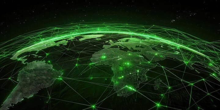 A futuristic, eco-friendly global network with green lines forming a web of connections around the globe, highlighting sustainability.