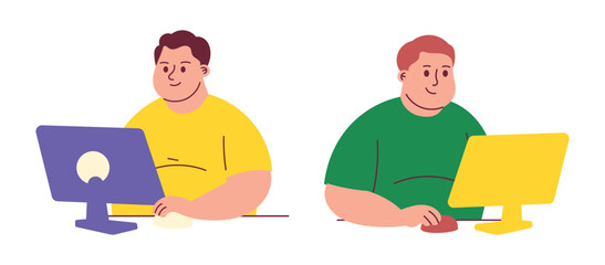 Obese Man Working at Computer