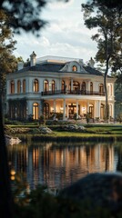 Luxurious mansion reflecting in a tranquil lake at sunset