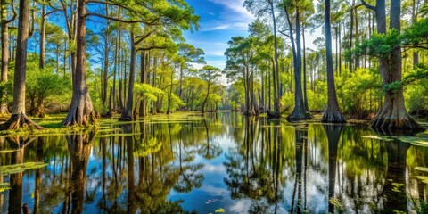 Obraz premium Beautiful swamp and forest in national park, swamp, forest, national park, nature, background, lush, green, serene, scenic