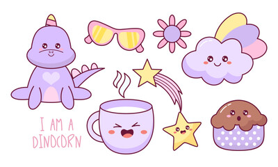 Kawaii Baby Dinosaur Unicorn with elements in pastel color style vector set